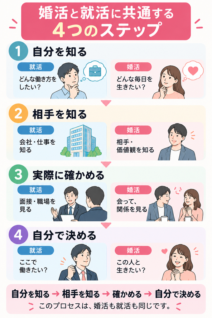 婚活と就活に共通する「自分を知る・相手を知る・実際に確かめる・自分で決める」の4つのステップ