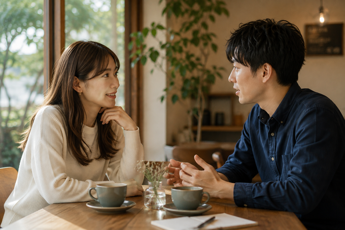 結婚前にお金や仕事、家族など将来について落ち着いて話し合う男女