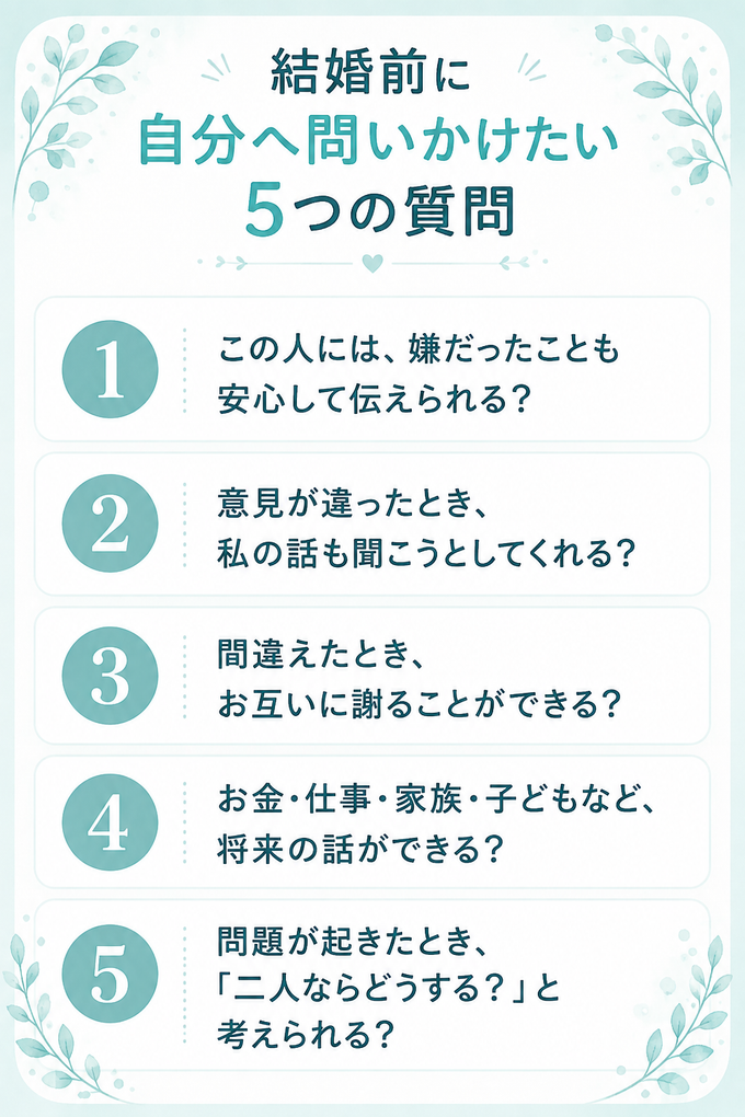 結婚前に確認したい、安心して本音を話せるか・意見の違いを話し合えるか・将来について相談できるかなど5つの質問