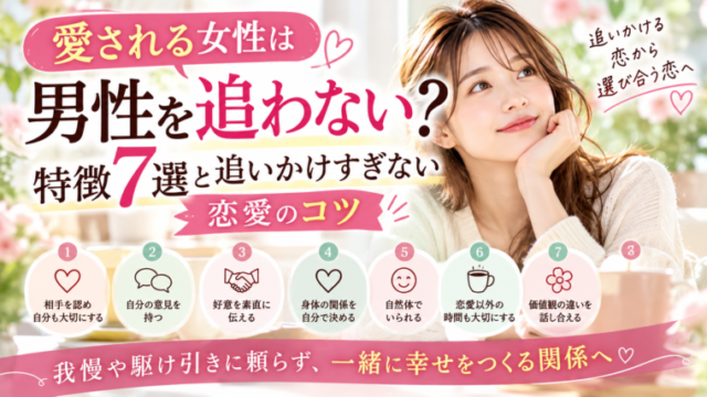 愛される女性は男性を追わない？追いかけすぎない女性の特徴7選と、自分を大切にしながら対等な恋愛関係を築くコツを紹介するアイキャッチ画像。
