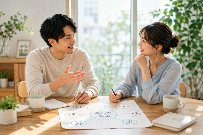 男女が対等な立場で結婚や将来について話し合う様子