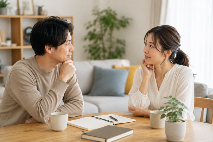 結婚後の将来について話し合う30代の男女