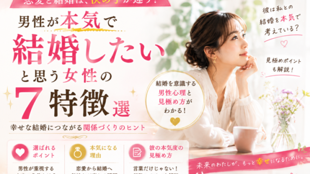 男性が本気で結婚したいと思う女性の7つの特徴を解説する記事のアイキャッチ画像