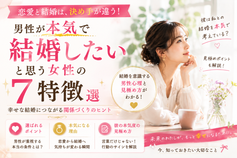 男性が本気で結婚したいと思う女性の7つの特徴を解説する記事のアイキャッチ画像