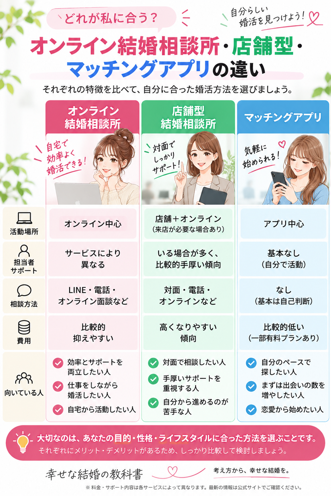 オンライン結婚相談所・店舗型結婚相談所・マッチングアプリの違いを比較した図解