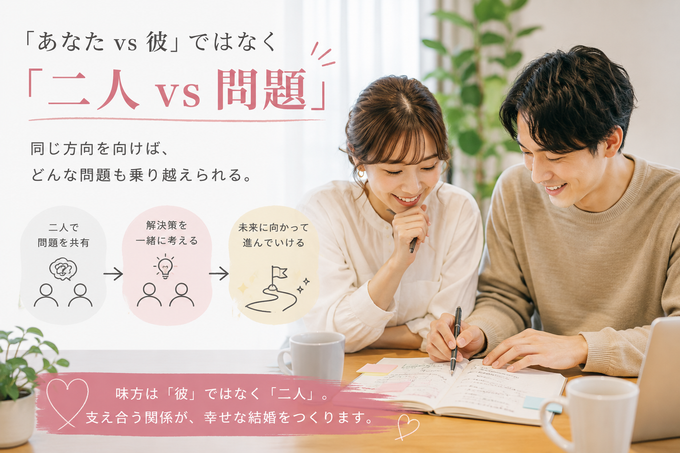 「あなた vs 彼」ではなく「二人 vs 問題」と考え、二人で問題を共有して解決する夫婦関係