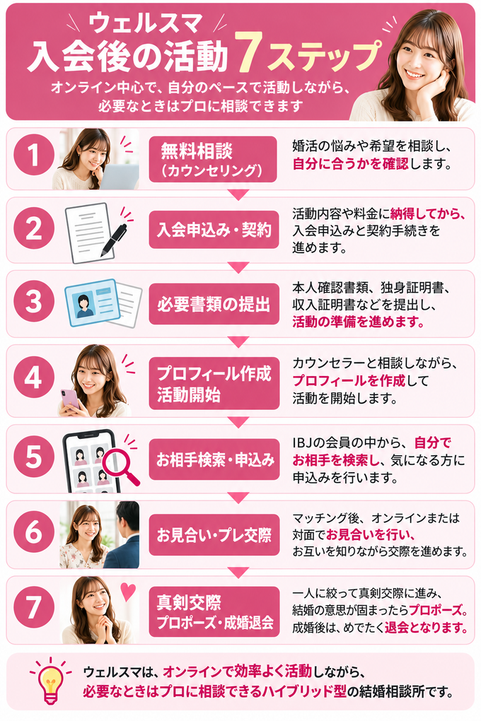ウェルスマの入会後から成婚までの7ステップ